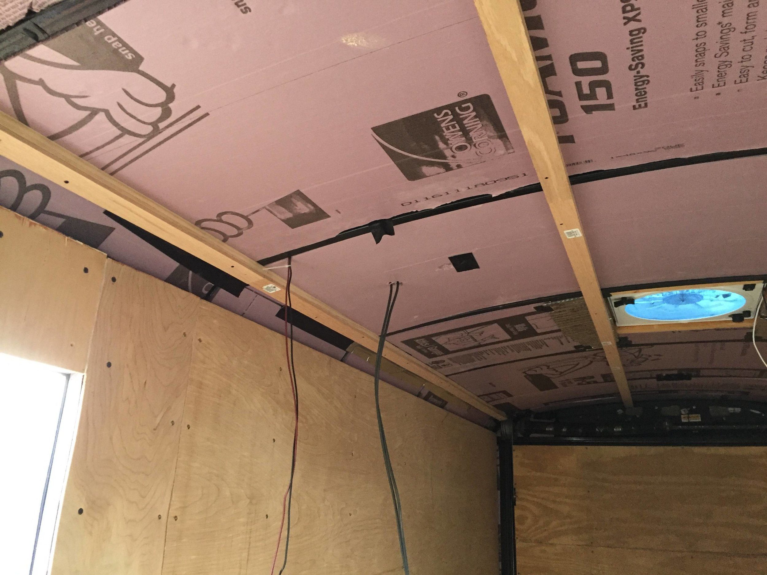 1” furring strips. The second layer of mostly-continuous insulation will go between these, and the ceiling paneling will be fastened to them.