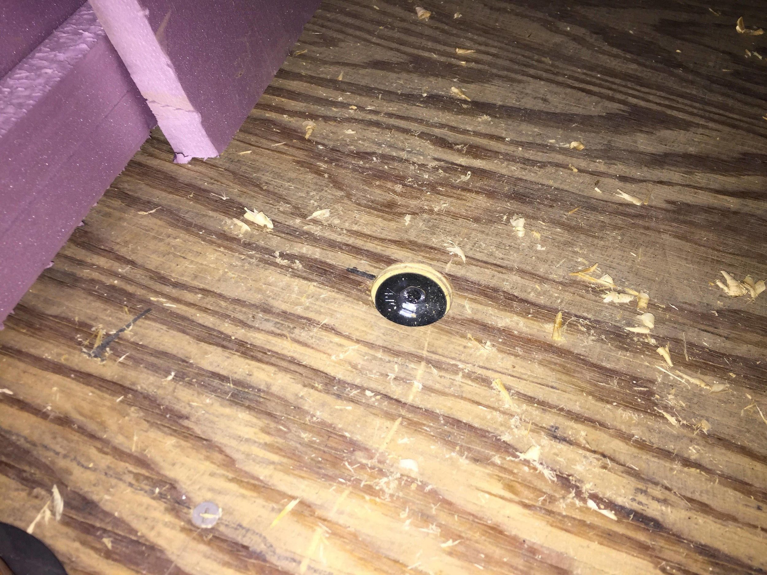 View of the insulation strap bolts from above. The top of the bolt is flush with the level of the subfloor. 
